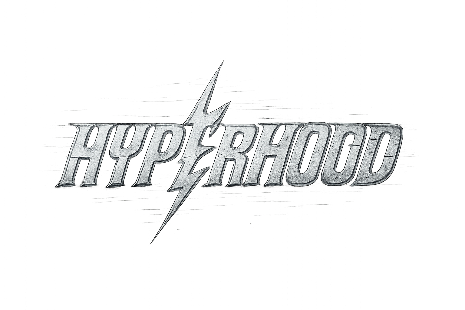 un estilo streetwear combinado con Y2K, el nombre es HYPERHOOD y tiene como estilo letra glitch, color blanco metalico y con un rayo integrado en la segunda letra H